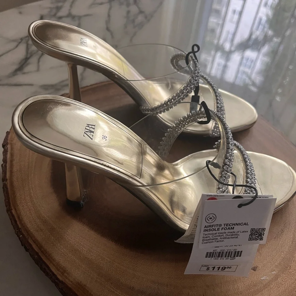 Zara Silver Gold Strappy Heels with Rhinestones - Picture 2 of 4